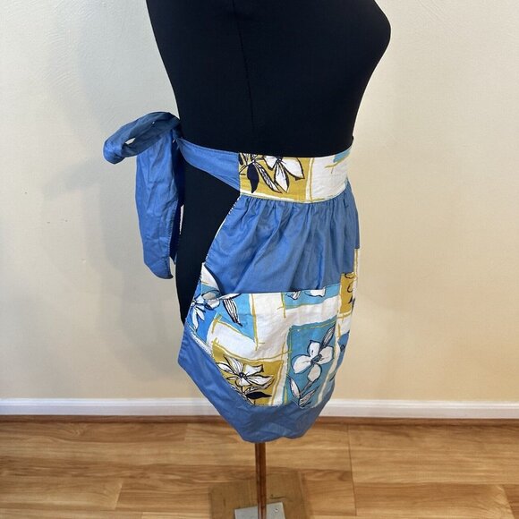 Womens Vintage Kitchen Apron Blue Yellow Floral Tie Back At Waist Cotton Retro - Picture 7 of 8
